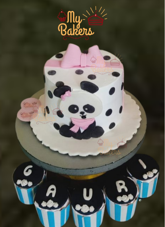 Cute Panda theme Cake with 5 Cup Cake