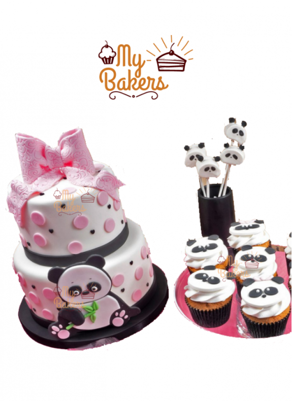 Cute Panda Two Tier Cake with 7 Cup Cakes and 4 Panda Candy