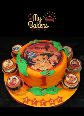 Lion Theme Photo Cake with 6 Cup Cakes