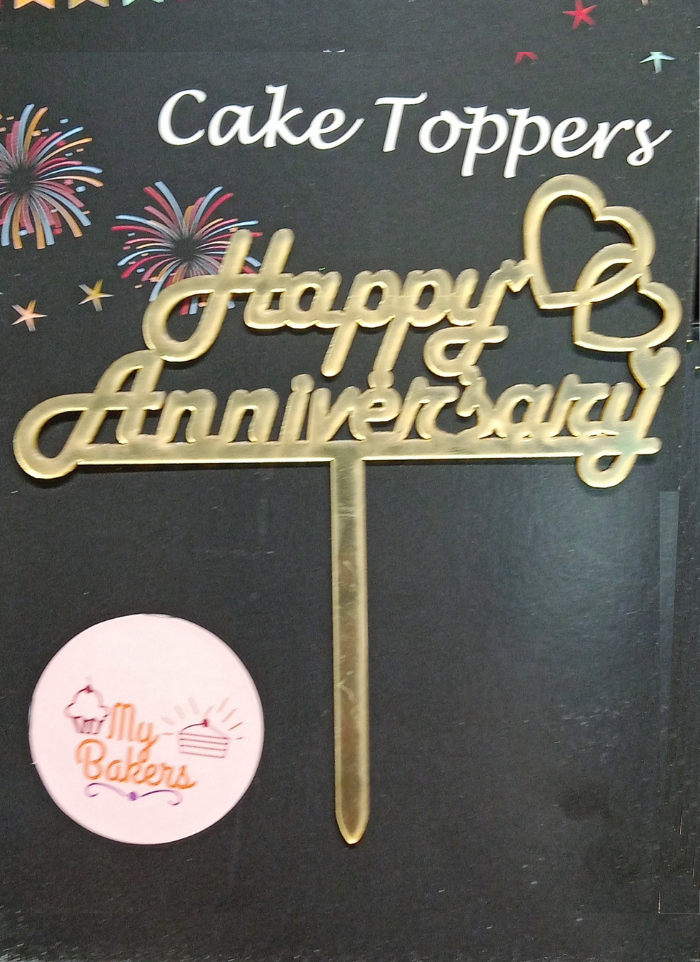 Happy Anniversary Dual Heart Gold Mirror Acrylic Topper 5 inch Pack of 1