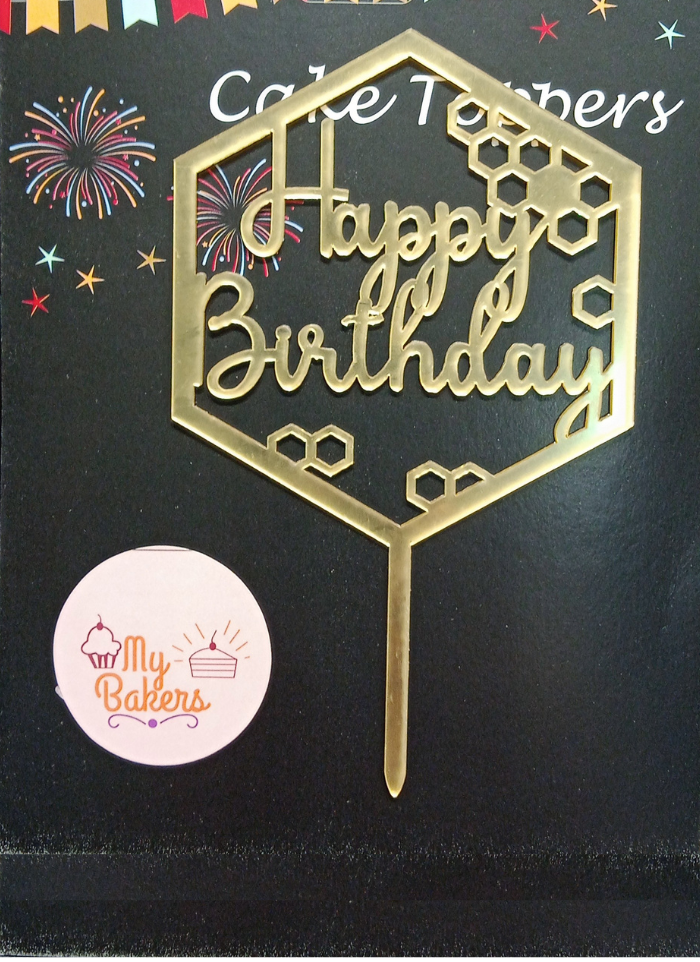 Happy Birthday Hexagon Gold Mirror Acrylic Topper 5 inch Pack of 1