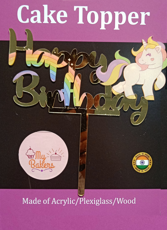 Happy Birthday Unicorn Horse Golden Acrylic Topper 6 inch Pack of 1